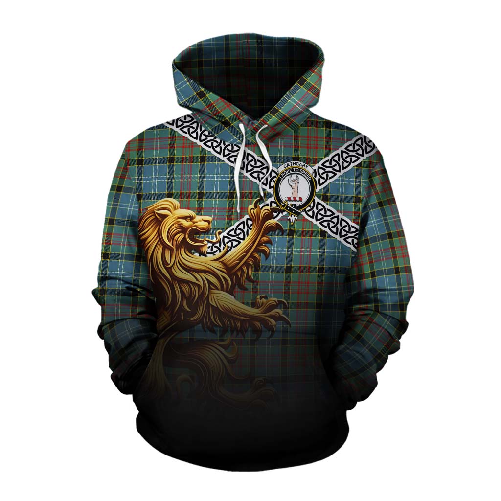 Tartan Vibes Clothing Cathcart Crest Tartan Cotton Hoodie with Golden Lion Emblem Celtic Style