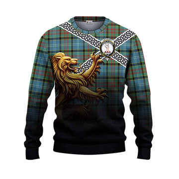 Cathcart Crest Tartan Knitted Sweater with Golden Lion Emblem Celtic Style