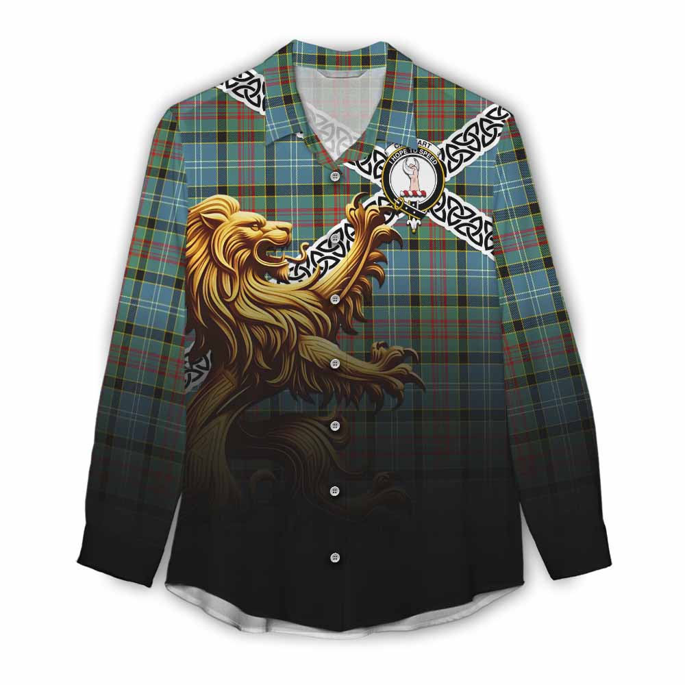 Tartan Vibes Clothing Cathcart Crest Tartan Women's Casual Shirt with Golden Lion Emblem Celtic Style