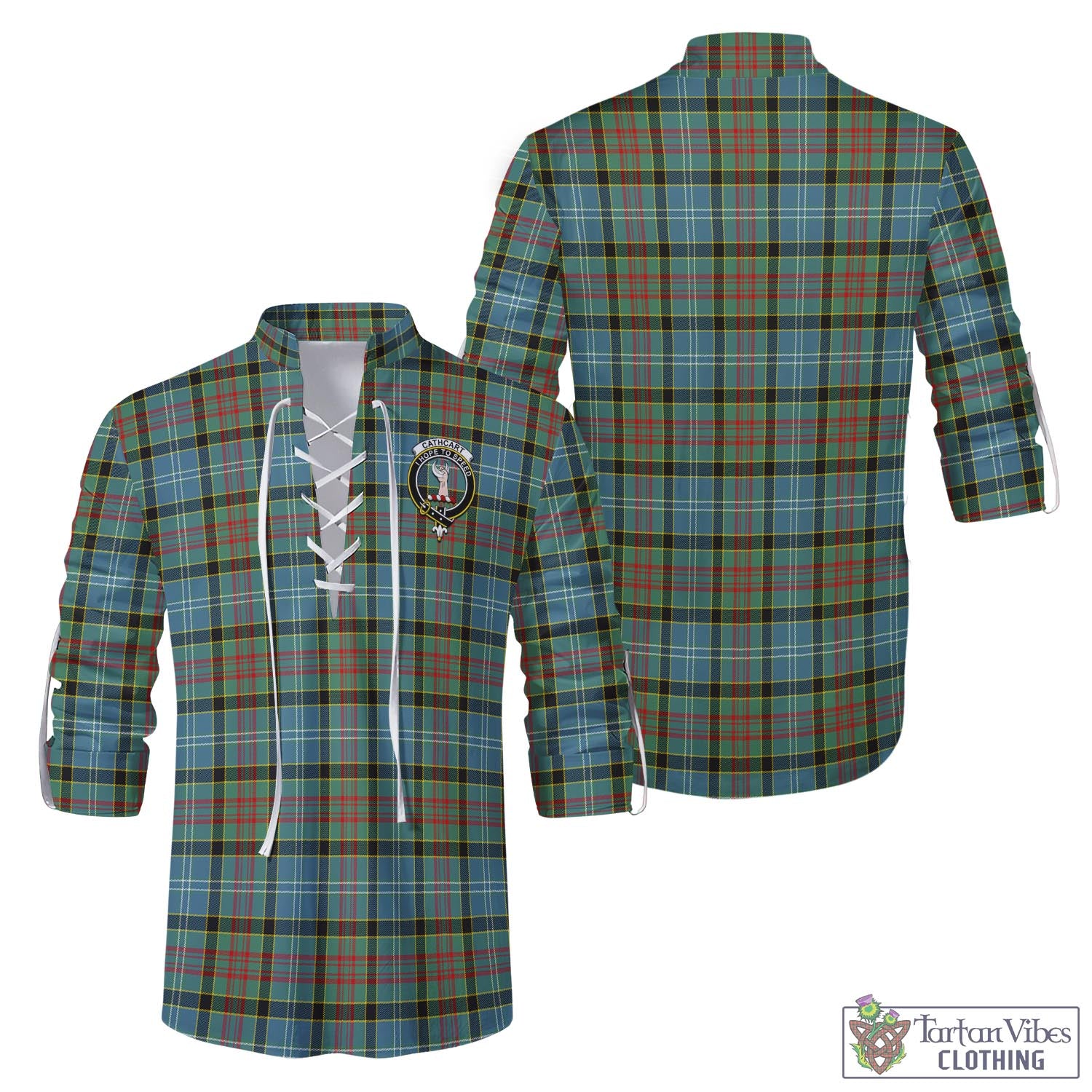 Tartan Vibes Clothing Cathcart Tartan Men's Scottish Traditional Jacobite Ghillie Kilt Shirt with Family Crest