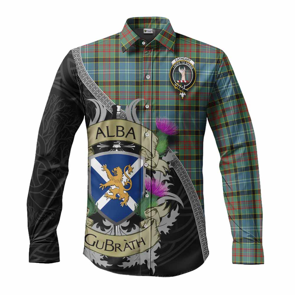 Tartan Vibes Clothing Cathcart Tartan Family Crest Long Sleeve Button Shirt Lion Rampant Royal Thistle Shield Celtic Inspired