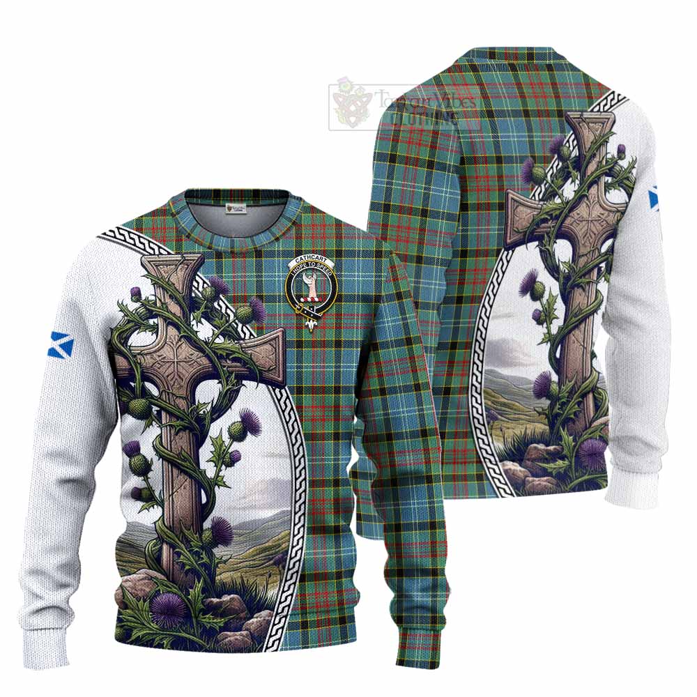 Tartan Vibes Clothing Cathcart Tartan Knitted Sweater with Family Crest and St. Andrew's Cross Accented by Thistle Vines