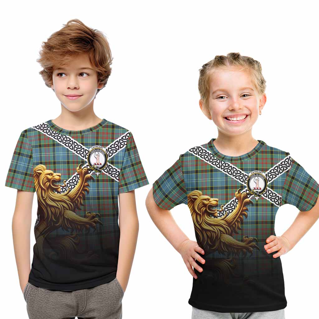 Tartan Vibes Clothing Cathcart Crest Tartan Kid T-Shirt with Golden Lion Emblem Celtic Style