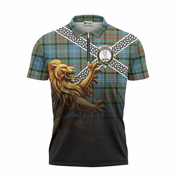 Tartan Vibes Clothing Cathcart Crest Tartan Zipper Polo Shirt with Golden Lion Emblem Celtic Style