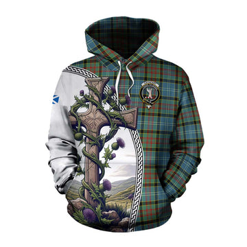 Tartan Vibes Clothing Cathcart Tartan Cotton Hoodie with Family Crest and St. Andrew's Cross Accented by Thistle Vines