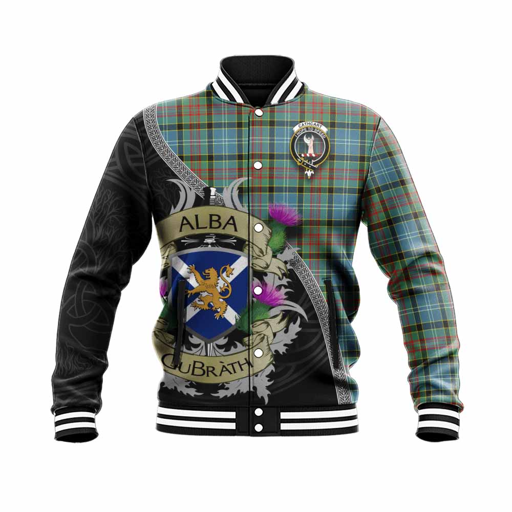 Tartan Vibes Clothing Cathcart Tartan Family Crest Baseball Jacket Lion Rampant Royal Thistle Shield Celtic Inspired