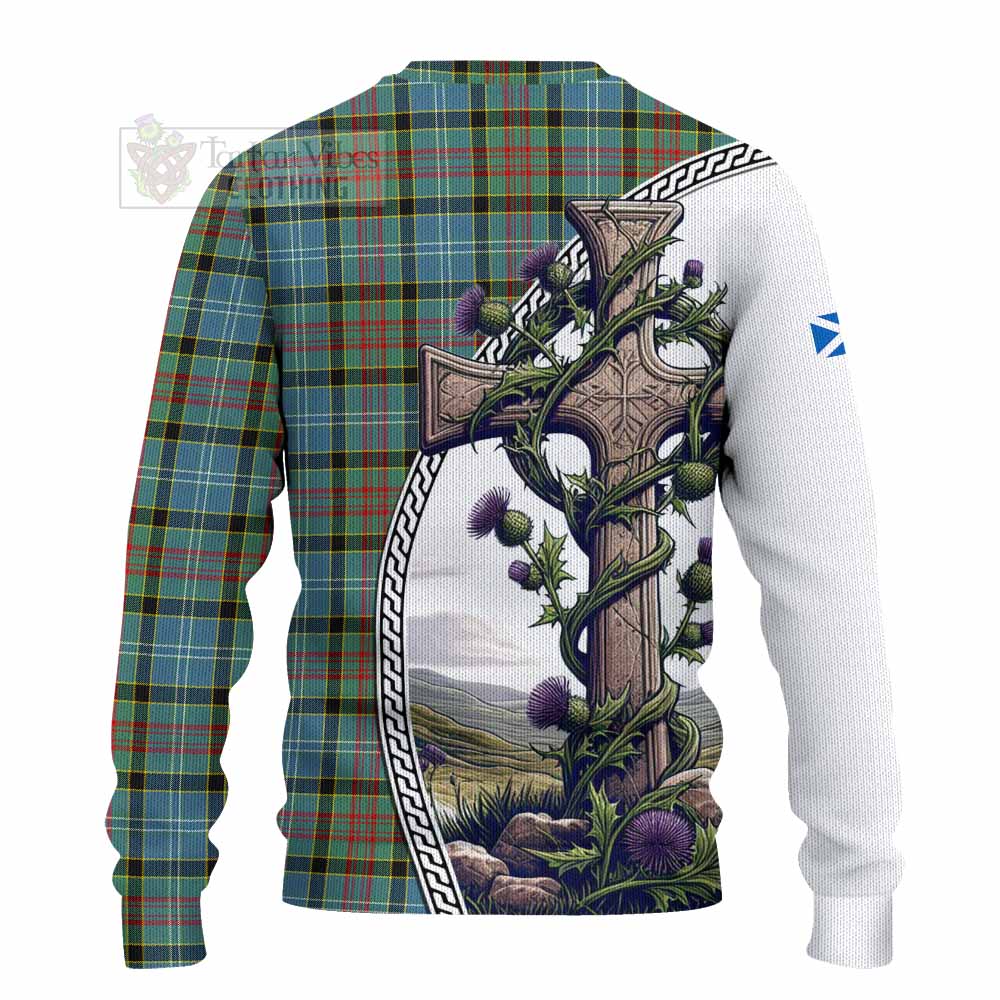 Tartan Vibes Clothing Cathcart Tartan Knitted Sweater with Family Crest and St. Andrew's Cross Accented by Thistle Vines