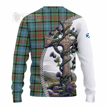 Tartan Vibes Clothing Cathcart Tartan Knitted Sweater with Family Crest and St. Andrew's Cross Accented by Thistle Vines