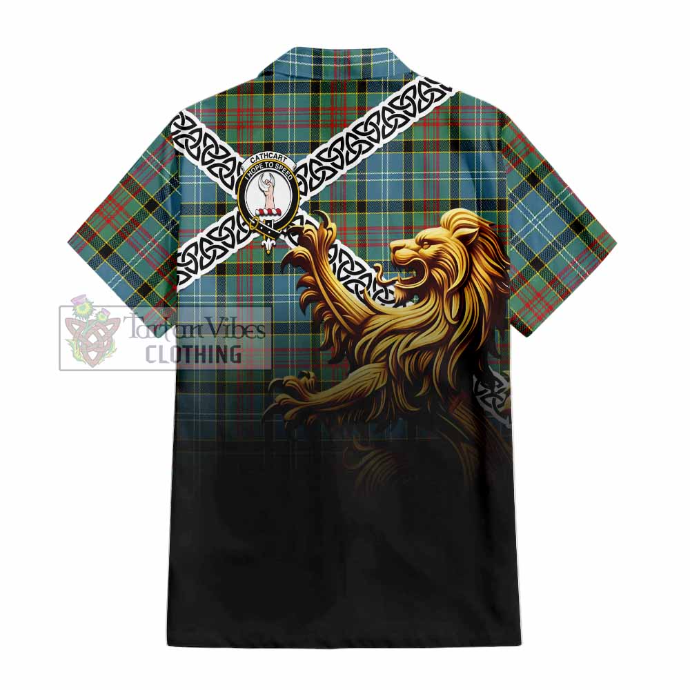 Tartan Vibes Clothing Cathcart Crest Tartan Short Sleeve Button Shirt with Golden Lion Emblem Celtic Style