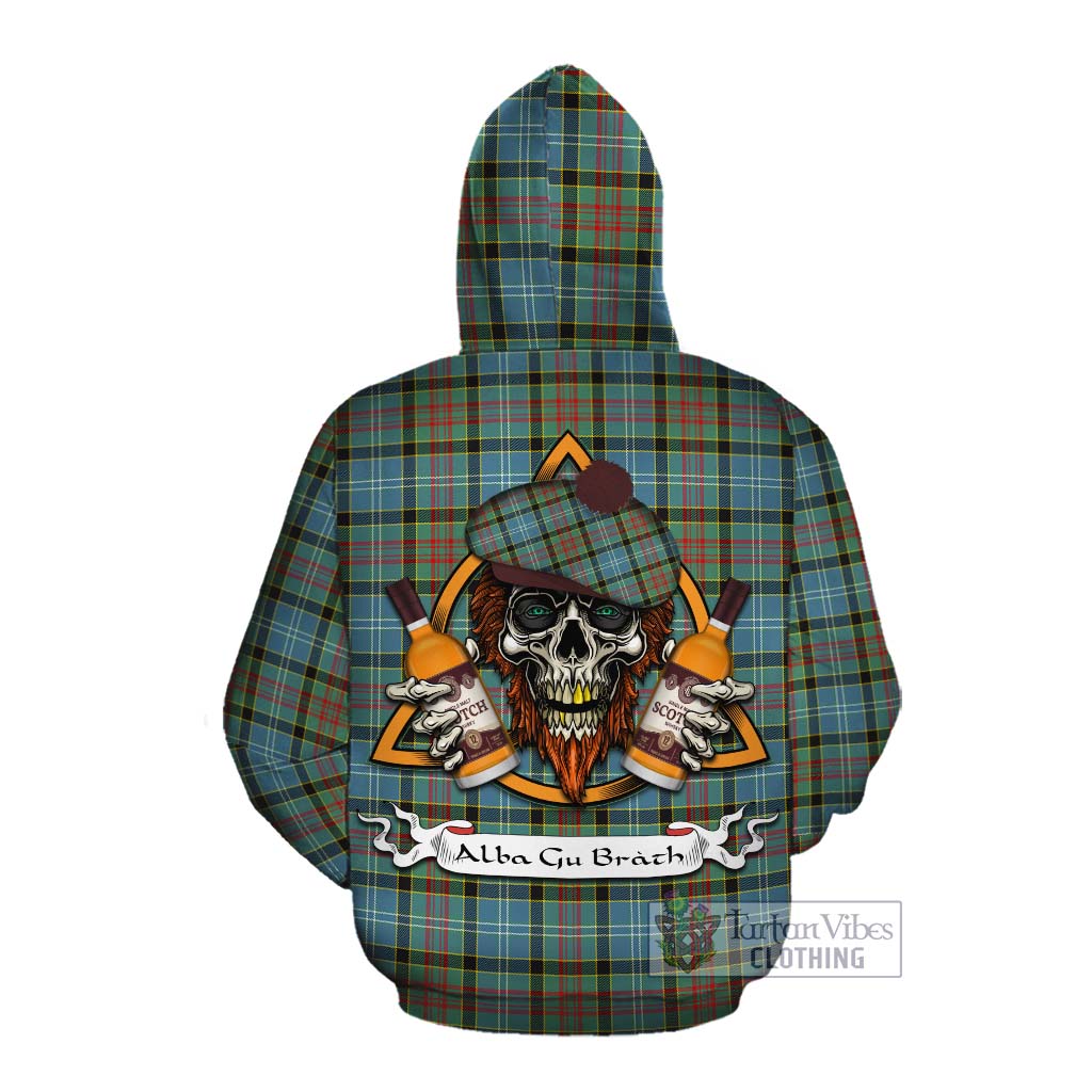Tartan Vibes Clothing Cathcart Tartan Cotton Hoodie with Family Crest and Bearded Skull Holding Bottles of Whiskey