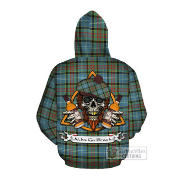 Tartan Vibes Clothing Cathcart Tartan Cotton Hoodie with Family Crest and Bearded Skull Holding Bottles of Whiskey