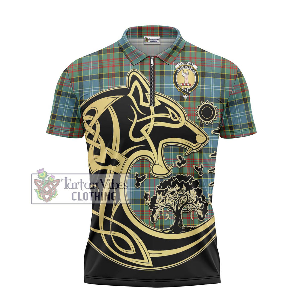Cathcart Tartan Zipper Polo Shirt with Family Crest Celtic Wolf Style - Tartan Vibes Clothing
