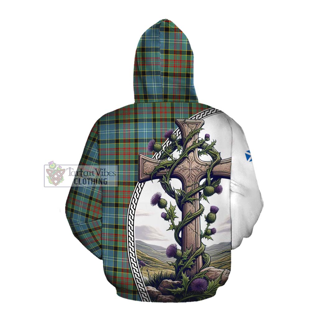 Tartan Vibes Clothing Cathcart Tartan Cotton Hoodie with Family Crest and St. Andrew's Cross Accented by Thistle Vines