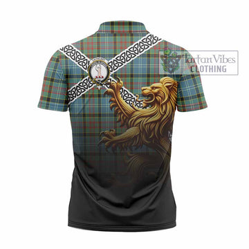 Tartan Vibes Clothing Cathcart Crest Tartan Zipper Polo Shirt with Golden Lion Emblem Celtic Style