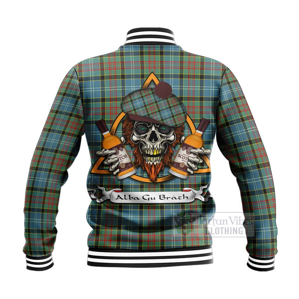 Tartan Vibes Clothing Cathcart Tartan Baseball Jacket with Family Crest and Bearded Skull Holding Bottles of Whiskey