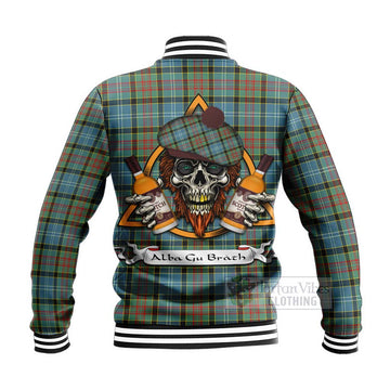 Tartan Vibes Clothing Cathcart Tartan Baseball Jacket with Family Crest and Bearded Skull Holding Bottles of Whiskey