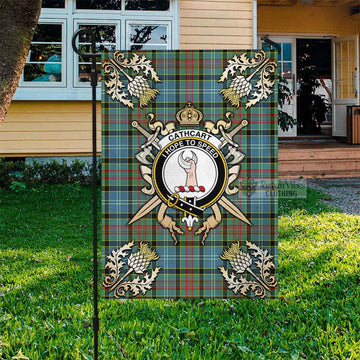 Cathcart Tartan Garden Flag with Family Crest and Golden Thistle Crossed Sword Design