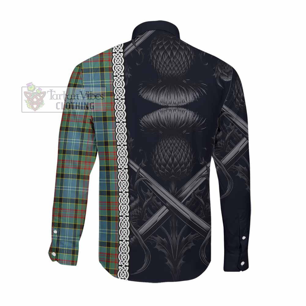 Tartan Vibes Clothing Cathcart Tartan Long Sleeve Button Shirt with Family Crest Cross Sword Thistle Celtic Vibes