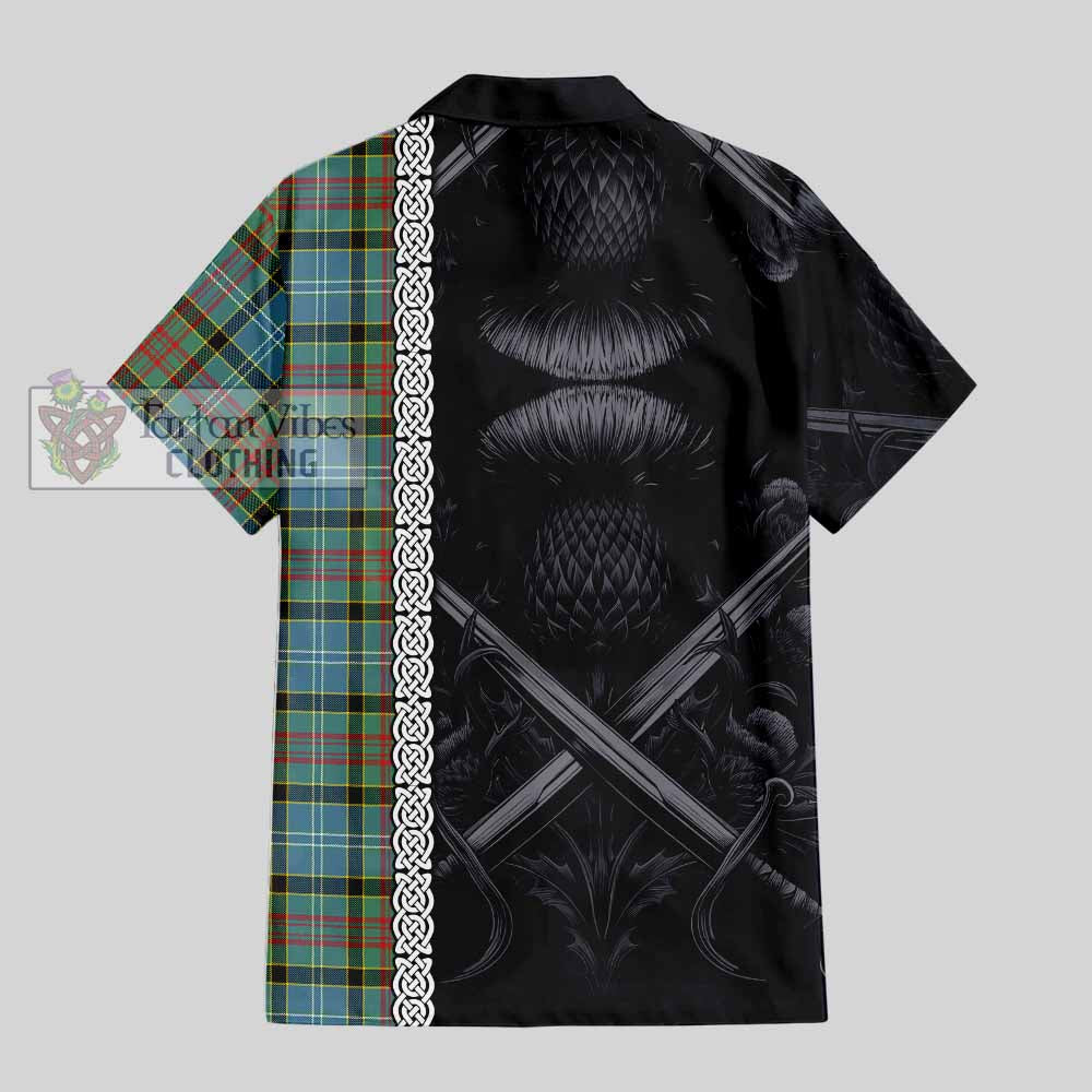 Tartan Vibes Clothing Cathcart Tartan Short Sleeve Button Shirt with Family Crest Cross Sword Thistle Celtic Vibes