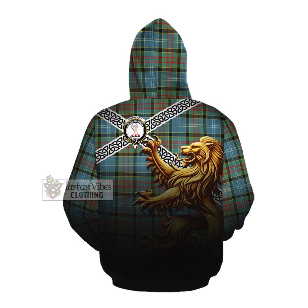 Tartan Vibes Clothing Cathcart Crest Tartan Cotton Hoodie with Golden Lion Emblem Celtic Style