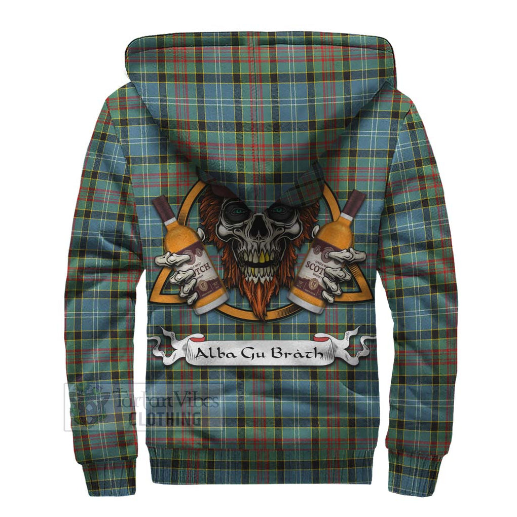 Tartan Vibes Clothing Cathcart Tartan Sherpa Hoodie with Family Crest and Bearded Skull Holding Bottles of Whiskey