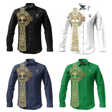 Cathcart Clan Mens Long Sleeve Button Up Shirt with Golden Celtic Tree Of Life