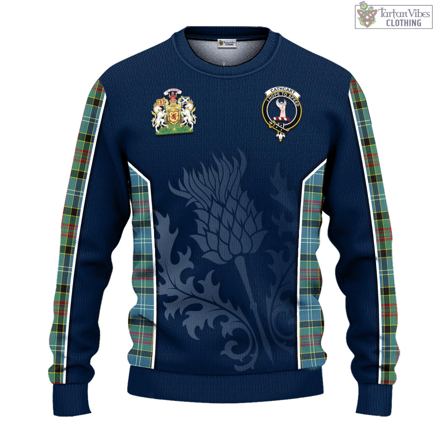 Tartan Vibes Clothing Cathcart Tartan Knitted Sweatshirt with Family Crest and Scottish Thistle Vibes Sport Style