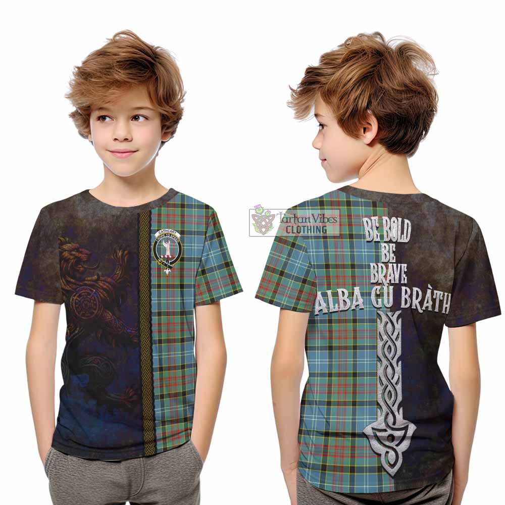 Tartan Vibes Clothing Cathcart Tartan Family Crest Kid T-Shirt Alba Gu Brath Be Brave Lion Ancient Style