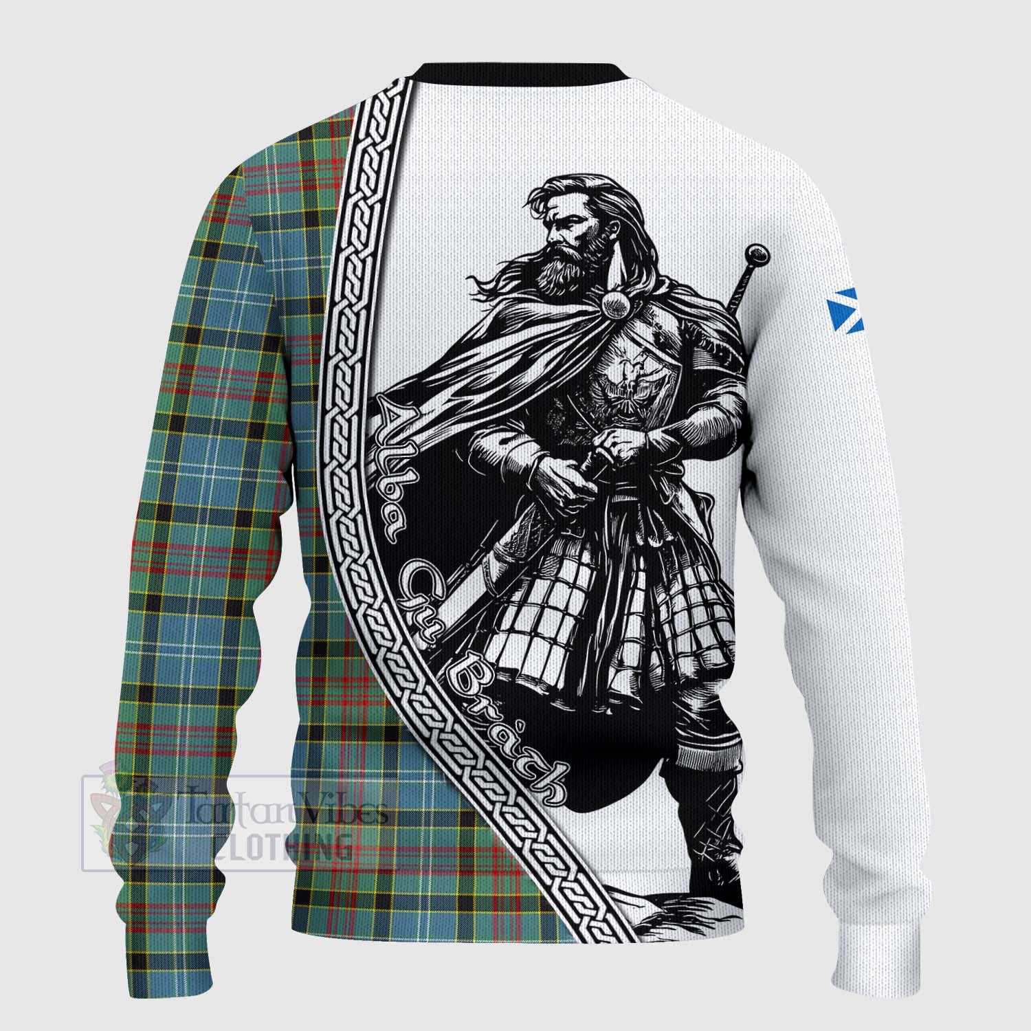 Tartan Vibes Clothing Cathcart Tartan Clan Crest Knitted Sweater with Highlander Warrior Celtic Style