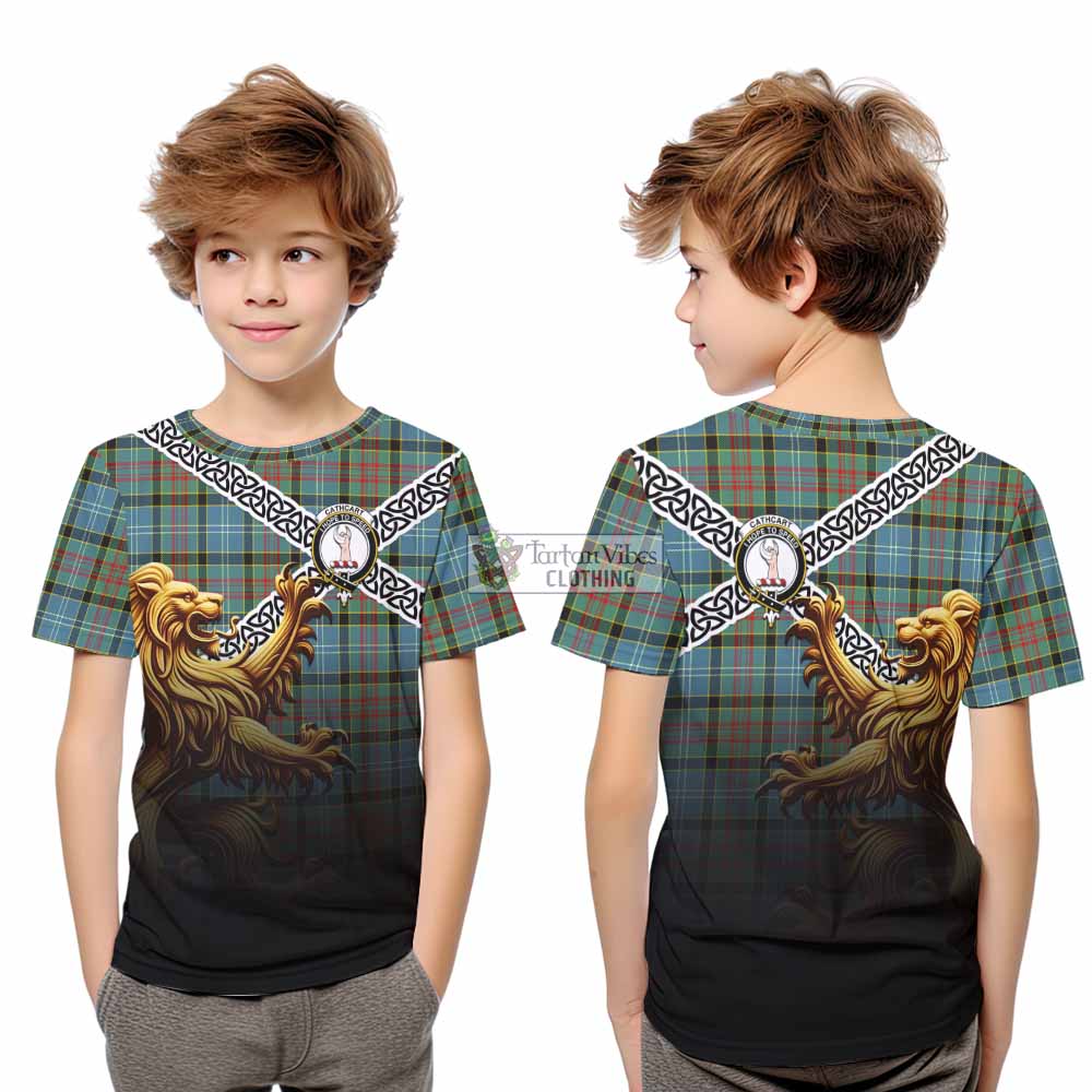 Tartan Vibes Clothing Cathcart Crest Tartan Kid T-Shirt with Golden Lion Emblem Celtic Style