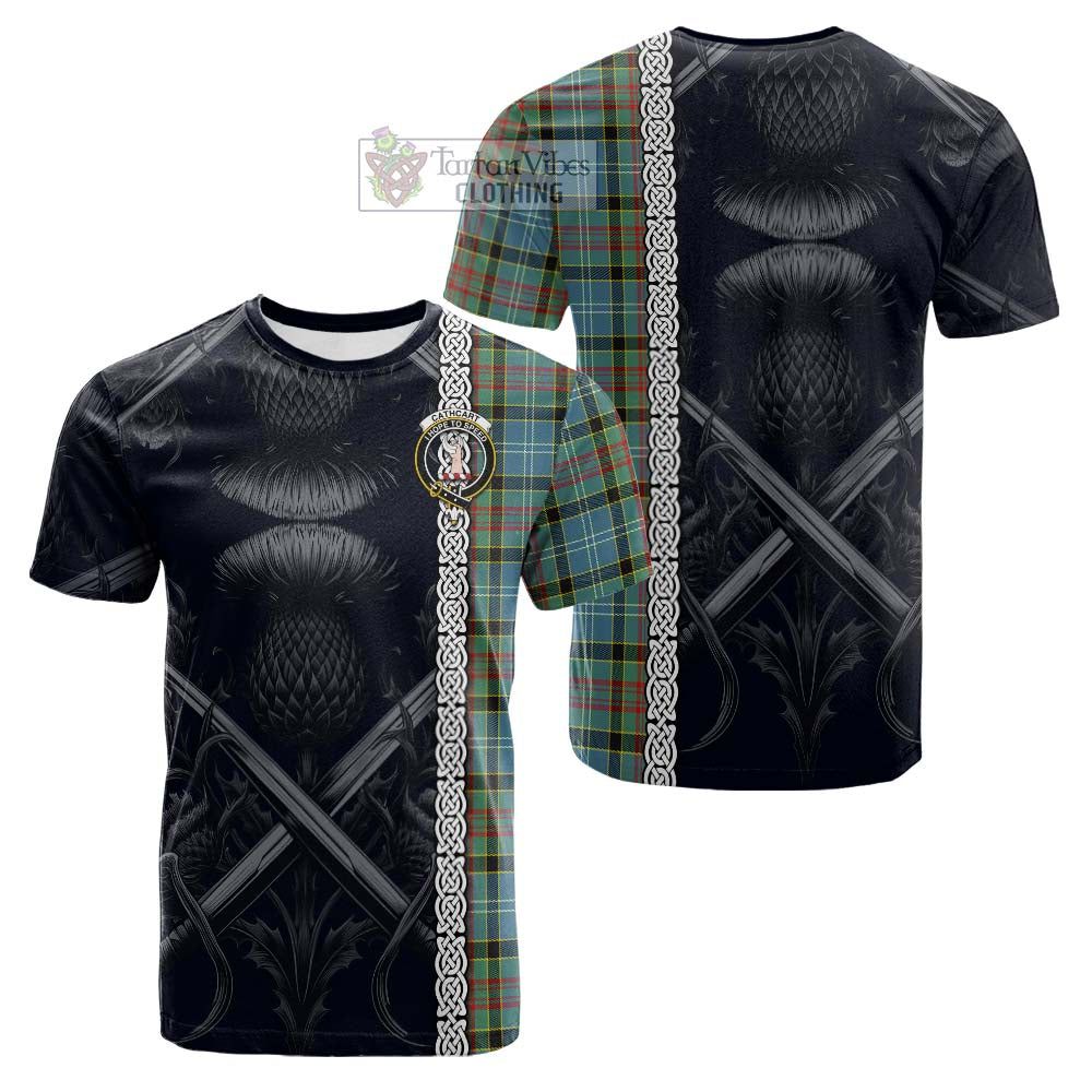 Tartan Vibes Clothing Cathcart Tartan Cotton T-shirt with Family Crest Cross Sword Thistle Celtic Vibes