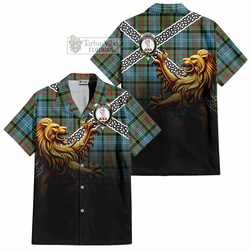 Tartan Vibes Clothing Cathcart Crest Tartan Short Sleeve Button Shirt with Golden Lion Emblem Celtic Style