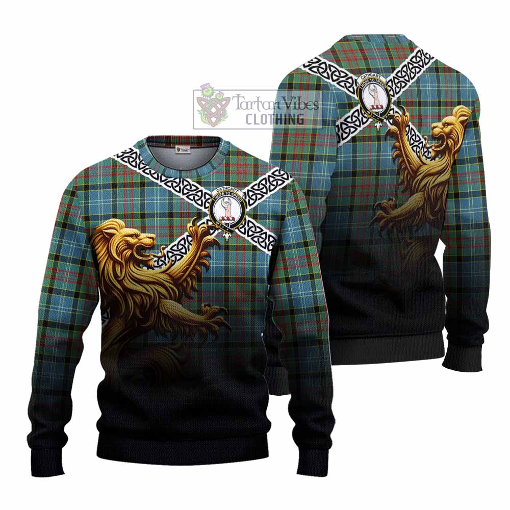 Tartan Vibes Clothing Cathcart Crest Tartan Knitted Sweater with Golden Lion Emblem Celtic Style