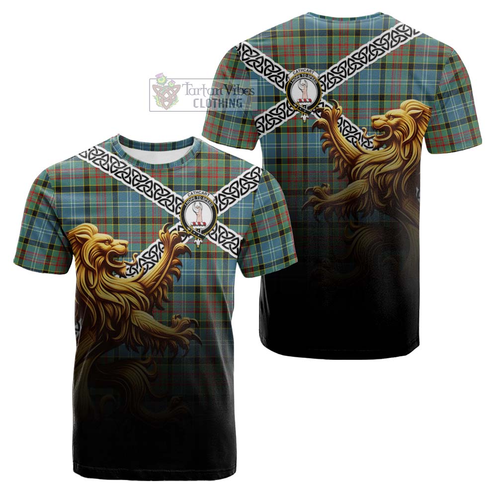 Tartan Vibes Clothing Cathcart Crest Tartan Cotton T-shirt with Golden Lion Emblem Celtic Style