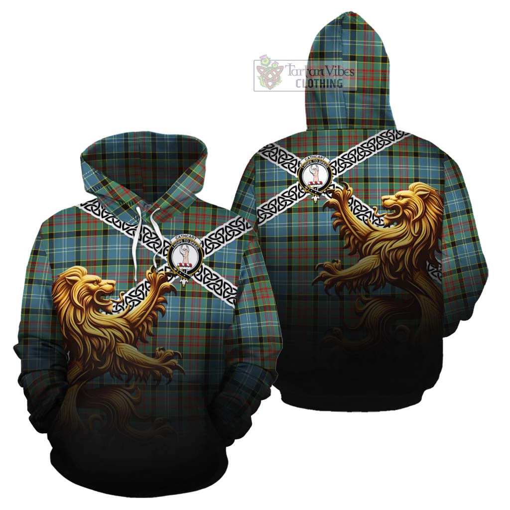 Tartan Vibes Clothing Cathcart Crest Tartan Cotton Hoodie with Golden Lion Emblem Celtic Style