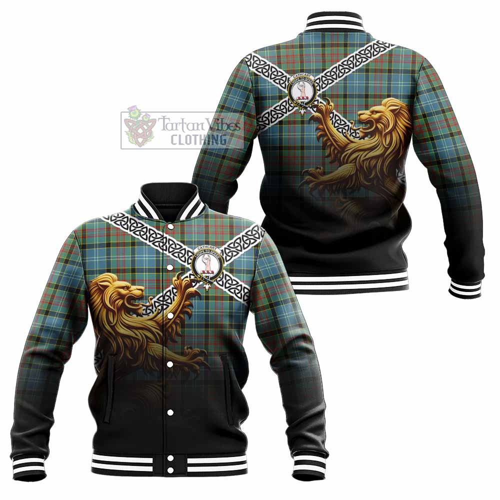 Tartan Vibes Clothing Cathcart Crest Tartan Baseball Jacket with Golden Lion Emblem Celtic Style