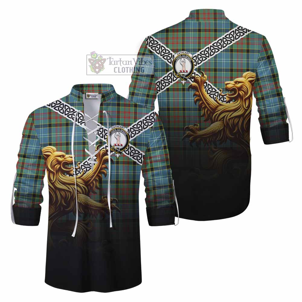 Tartan Vibes Clothing Cathcart Crest Tartan Ghillie Kilt Shirt with Golden Lion Emblem Celtic Style