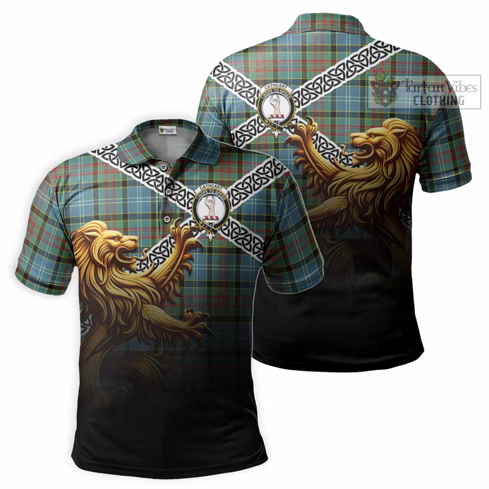 Tartan Vibes Clothing Cathcart Crest Tartan Polo Shirt with Golden Lion Emblem Celtic Style