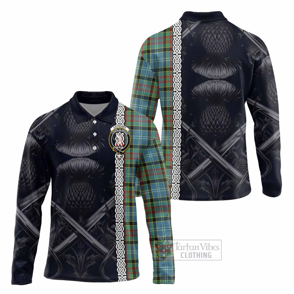 Tartan Vibes Clothing Cathcart Tartan Long Sleeve Polo Shirt with Family Crest Cross Sword Thistle Celtic Vibes
