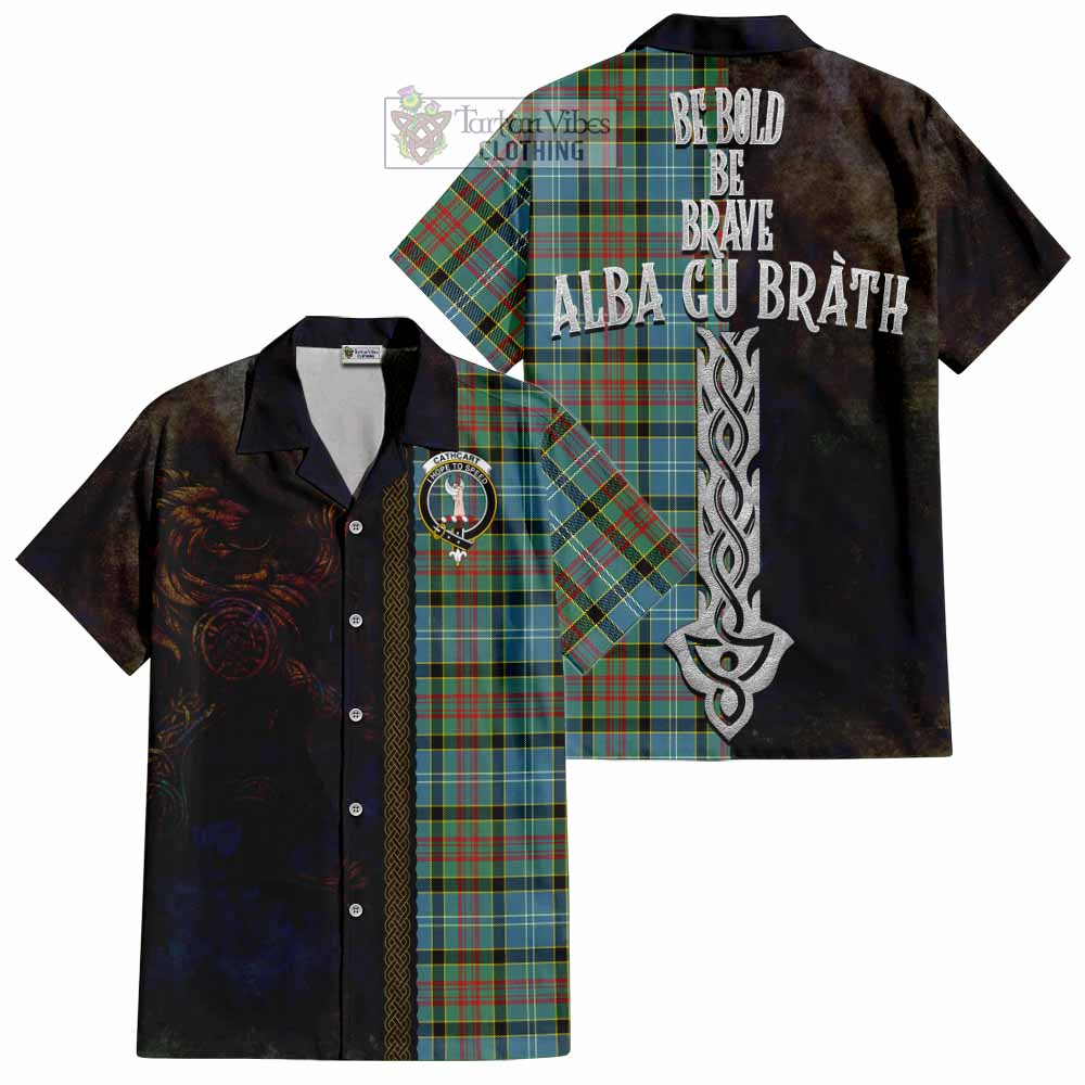 Tartan Vibes Clothing Cathcart Tartan Family Crest Short Sleeve Button Shirt Alba Gu Brath Be Brave Lion Ancient Style