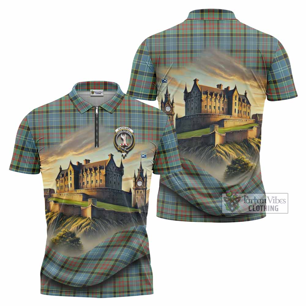 Tartan Vibes Clothing Cathcart Tartan Family Crest Zipper Polo Shirt with Scottish Ancient Castle Stype