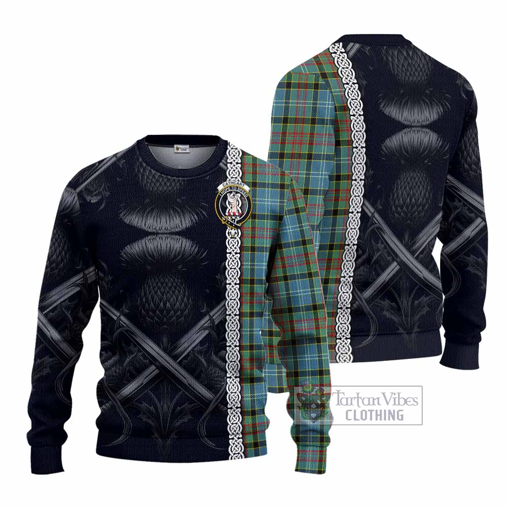 Tartan Vibes Clothing Cathcart Tartan Knitted Sweater with Family Crest Cross Sword Thistle Celtic Vibes