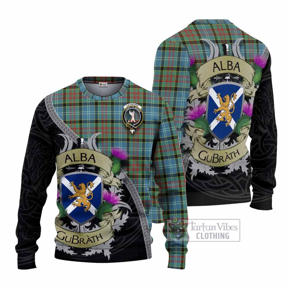 Tartan Vibes Clothing Cathcart Tartan Family Crest Knitted Sweater Lion Rampant Royal Thistle Shield Celtic Inspired