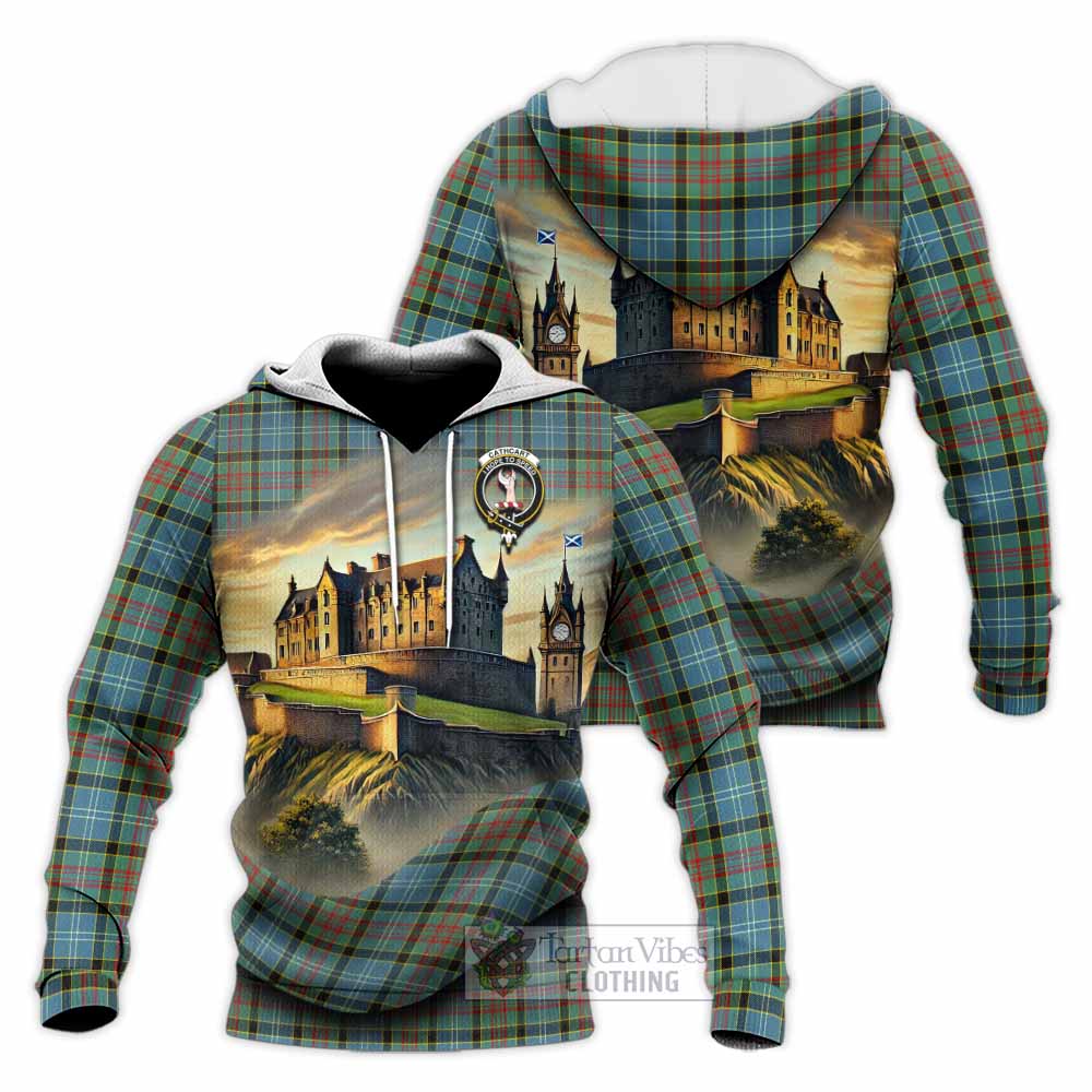 Tartan Vibes Clothing Cathcart Tartan Family Crest Knitted Hoodie with Scottish Ancient Castle Style