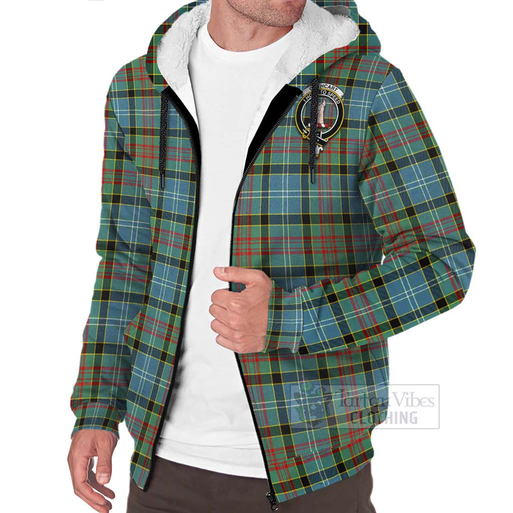 Tartan Vibes Clothing Cathcart Tartan Sherpa Hoodie with Family Crest and Bearded Skull Holding Bottles of Whiskey
