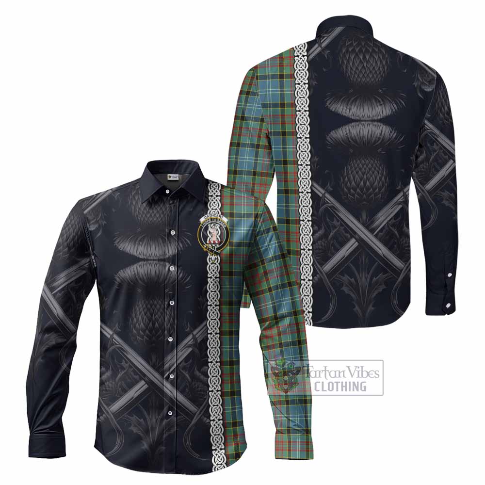 Tartan Vibes Clothing Cathcart Tartan Long Sleeve Button Shirt with Family Crest Cross Sword Thistle Celtic Vibes