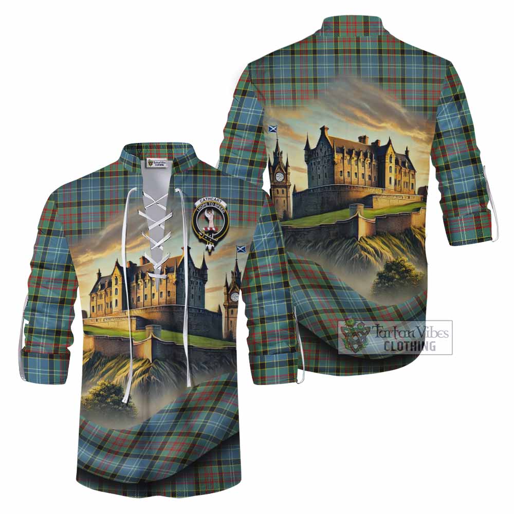 Tartan Vibes Clothing Cathcart Tartan Family Crest Ghillie Kilt Shirt with Scottish Ancient Castle Style