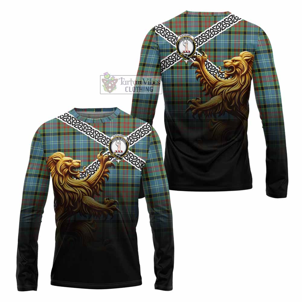 Tartan Vibes Clothing Cathcart Crest Tartan Long Sleeve T-Shirt with Golden Lion Emblem Celtic Style