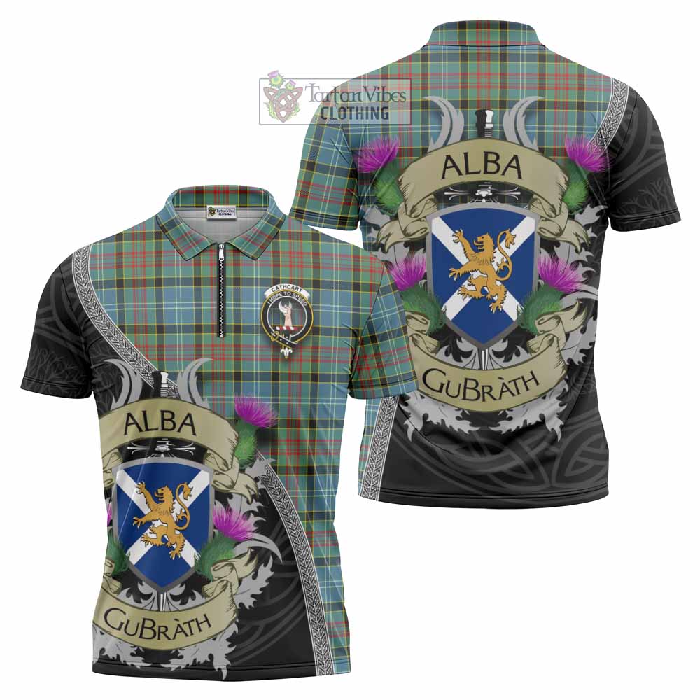 Tartan Vibes Clothing Cathcart Tartan Family Crest Zipper Polo Shirt Lion Rampant Royal Thistle Shield Celtic Inspired
