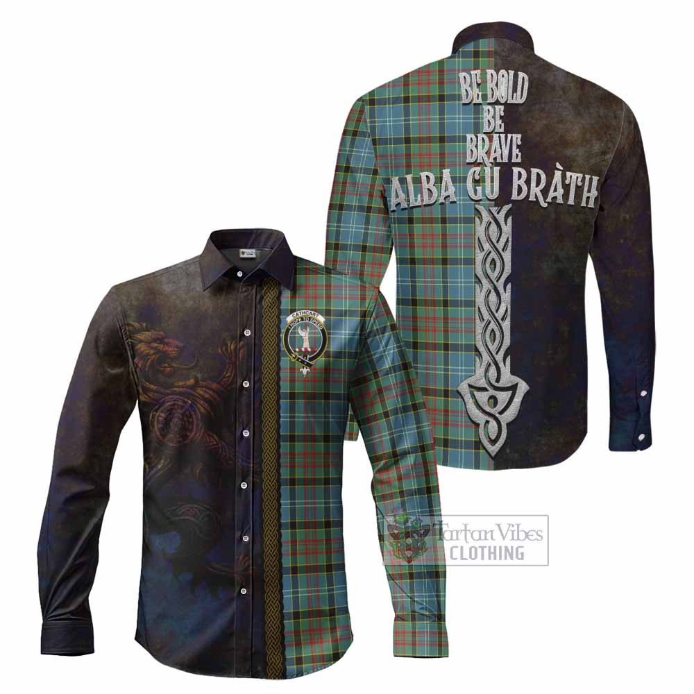 Tartan Vibes Clothing Cathcart Tartan Family Crest Long Sleeve Button Shirt Alba Gu Brath Be Brave Lion Ancient Style